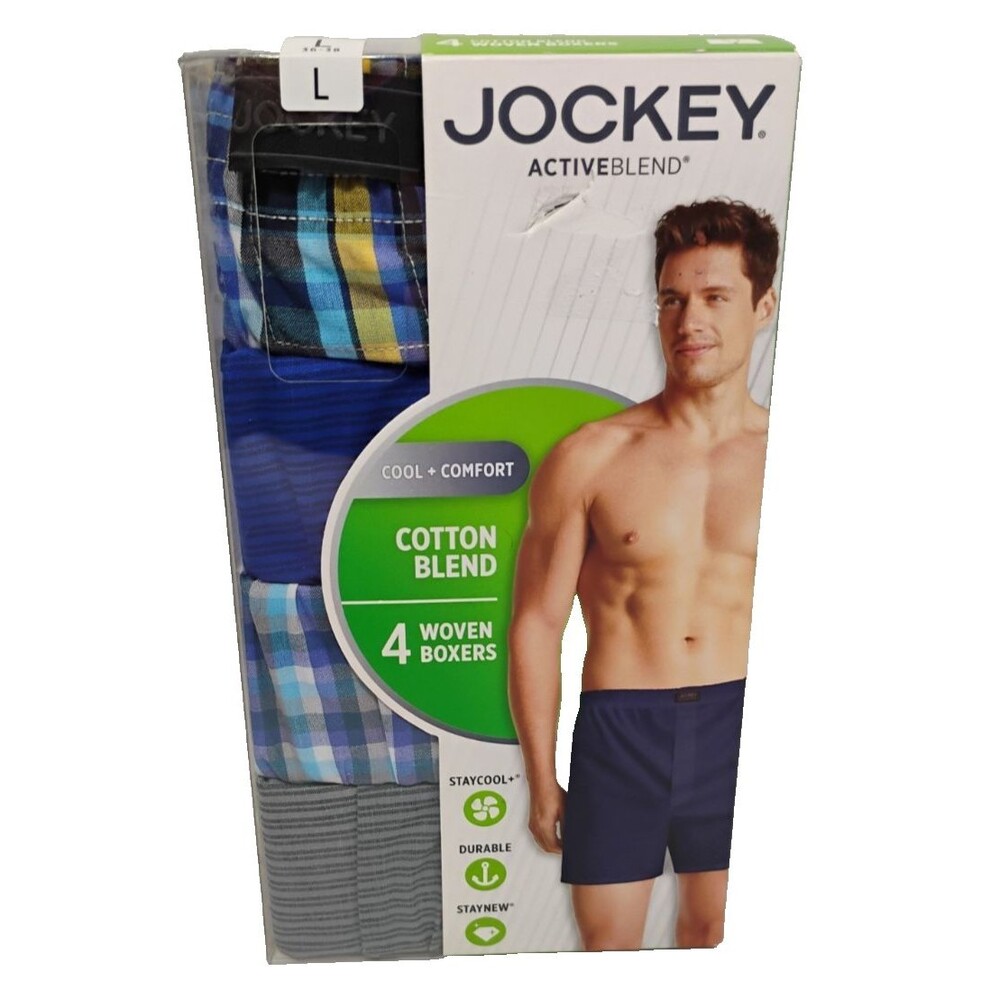 Jockey Men Active Blend Woven Boxers 4-Pack Size L Cotton Blend NEW in BOX
